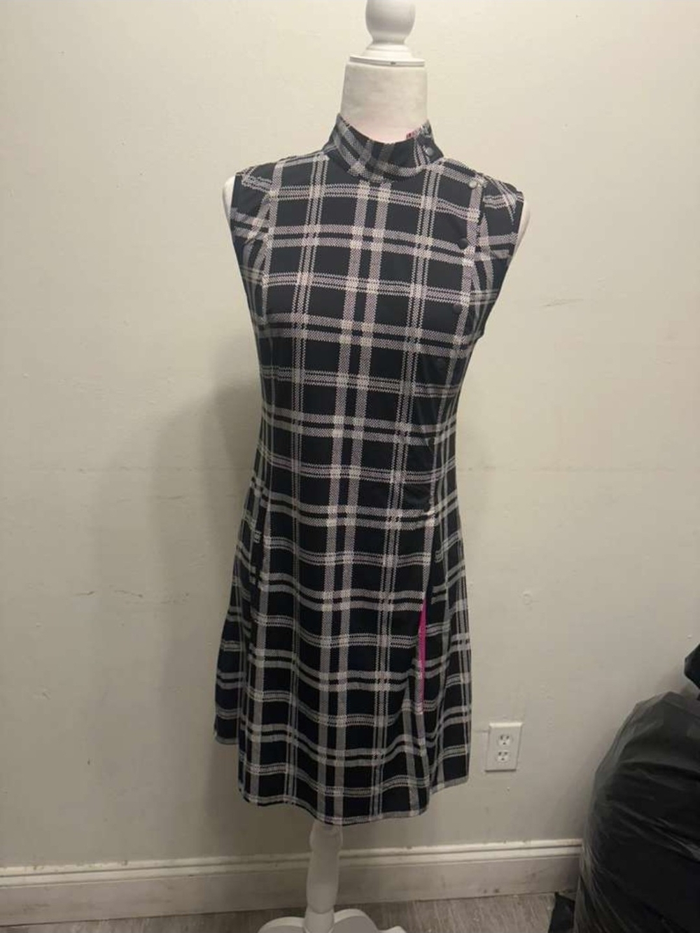 Kinona Sleeveless Black and White Plaid Mock-Neck Dress